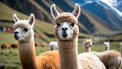 Fototapeta premium Alpaca in Andes with mountains and grazing area