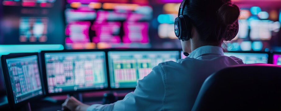 Woman at Control Center Monitoring Multiple Screens with Headset, Cybersecurity ,Data analysis