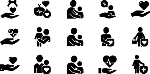 Naklejka premium Care and support icon set. Vector graphic illustration. 