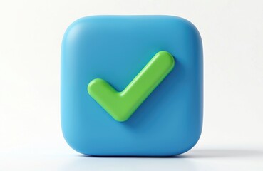 Blue square with rounded corners features prominent green check mark. Clean, modern graphic approval, correctness, success. Ideal for user interface elements, web design, app development,