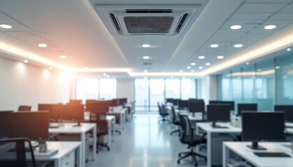 Modern office interior with sleek ceiling air conditioning vent. Clean, white vent ensures efficient airflow, maintaining comfortable temperature. Minimalist design fits pro, commercial, residential