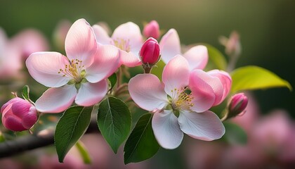 delicate pink apple blossoms with green leaves on a branch