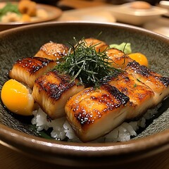 Grilled fish dish served over rice.