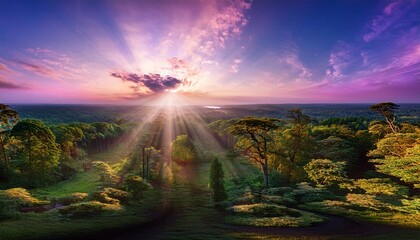 enchanted forest canopy with sunlight rays and pink dusk sky