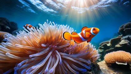 enchanting allure of clownfish as they grace their natural abode with hues frolicsome antics and harmonious symbiosis shared with sea anemones