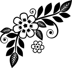 Floral corner and circle frame with leaves, SVG vector illustration for decorative design, clean lines.Elegant Floral Design with Leaves and Curves in Black