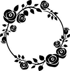 Floral corner and circle frame with leaves, SVG vector illustration for decorative design, clean lines.Elegant Black Rose Floral Frame with Leaves Design Element