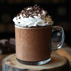 A glass mug filled with hot chocolate topped with whipped cream and chocolate shavings.