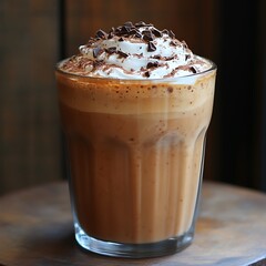 Refreshing iced coffee drink topped with whipped cream and chocolate shavings.