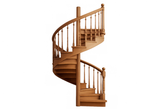 Classic wooden spiral staircase curving gracefully, isolated on a transparent background, ready for integration into architectural designs