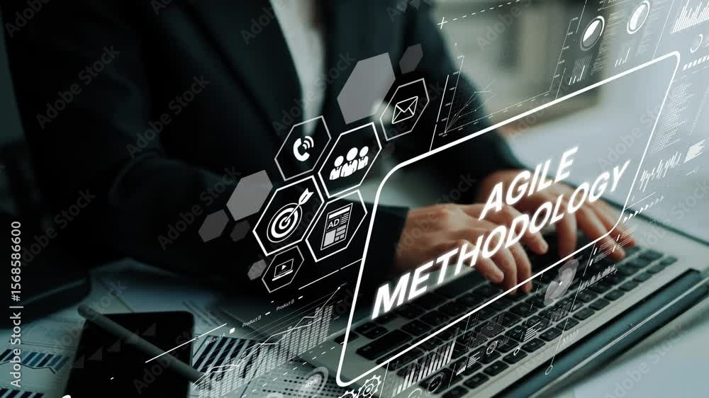 Poster professional businessperson using laptop with visuals of agile methodology and data analysis concept