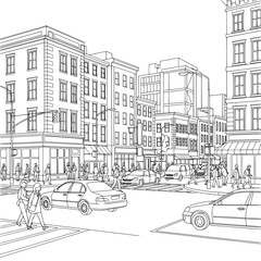Fototapeta premium Detailed City Street with Cars and Crowded Buildings Line Art Illustration