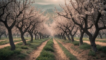 Obraz premium Almond trees in bloom during springtime