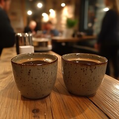 Two cups of coffee on a wooden table.