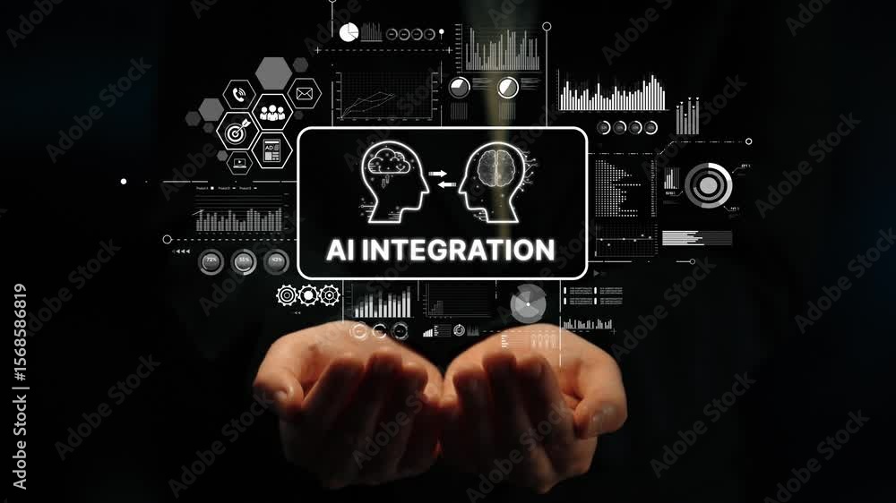 Poster innovative ai integration concept displayed with hands holding digital elements representing technol