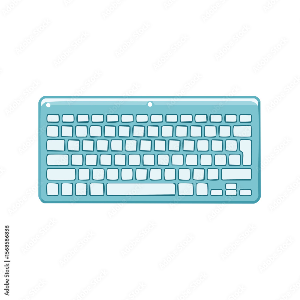 Poster illustration of a light blue keyboard on a black background, simple and modern computer component