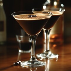 Two elegant martini glasses filled with a rich, dark coffee cocktail.
