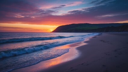 Fototapeta premium Scenic view of a sandy beach at sunset with calm waves, a vibrant sky, and a silhouetted hill, capturing the peaceful beauty of an evening with empty copy space for text