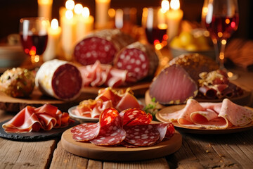 A festive charcuterie feast of assorted cured meats and salami on a rustic wooden table with red wine and a warm candlelit background