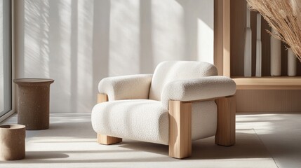 Serene Minimalist Living Room: Plush Armchair and Wooden Accents
