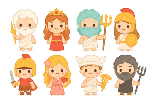 Cute greek mythology characters vector illustration for kids poster design in flat style