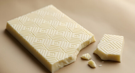 White chocolate bar with geometric pattern on beige background