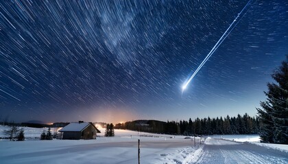 meteor streak ablazing across winter night sky over snowy rural landscape