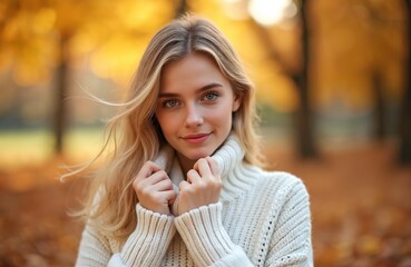 Pretty blonde girl in white sweater holding neck of garment, looking at camera. Young woman in autumn park, surrounded by yellow leaves. Warm fashion style, positive vibes, natural beauty, outdoor