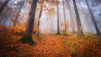 misty autumn forest with orange leaves
