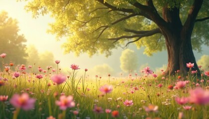Fototapeta premium Picturesque meadow filled with blooming pink flowers under large, leafy tree. Sunlight streams through branches, creating warm, inviting spring atmosphere. Serene landscape evokes feelings of nature,