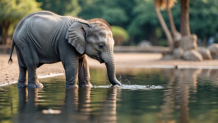 Fototapeta premium An adorable baby elephant drinking water from a calm pond