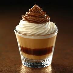 Chocolate whipped cream layered dessert in a shot glass.