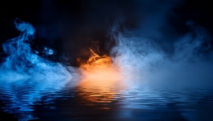 mysterious blue mist or smoke rising over a dark water surface with subtle orange glowing lights beneath creating an eerie and atmospheric scene