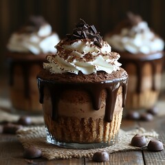 Chocolate and whipped cream dessert in a glass cup.