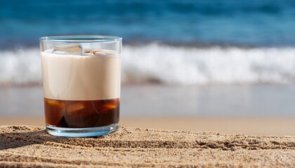 refreshing white russian cocktail in clear glass placed on sandy beach with gentle waves in background