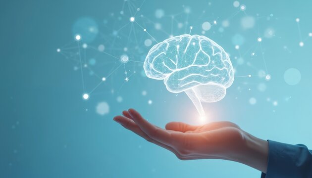 Illustration of hand holding glowing digital hologram brain. Represents autism, stroke, epilepsy, Alzheimer, health day awareness. Focus on mental health, neurology, psychology and medical research.