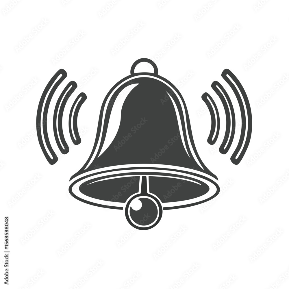 Poster ringing bell with sound waves icon on black background - symbol of alert or notification