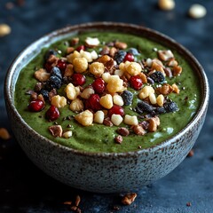 Green smoothie bowl with toppings.