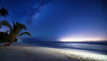serene tropical beach at night with starry sky illuminated by moonlight