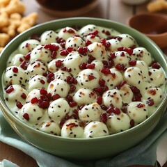 Small, white balls in a creamy sauce, topped with pomegranate seeds.