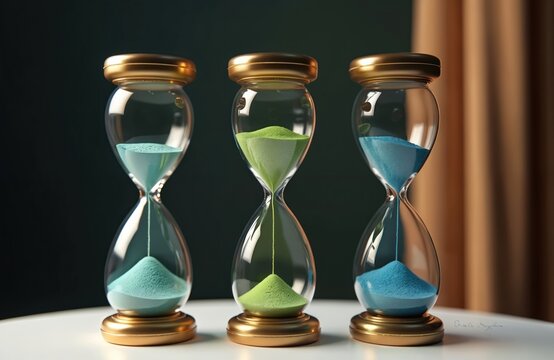Three glass hourglasses with gold bases, caps contain colored sand. Blue sand flows in two timers, green sand in middle one. Timekeeping instruments symbolize passage of time, deadlines, waiting