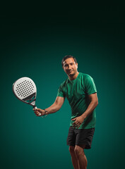 Padel player in action with ball and racket, ideal for professional league designs, club ads, or...