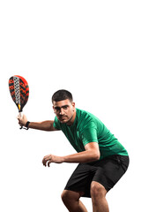 Padel player holding racket isolated on white background, sports event concept, athlete in action,...