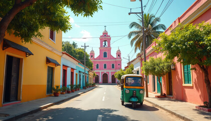 Green auto rickshaw travels down street in Pondicherry, India, past colorful colonial buildings towards pink church. Trees line sidewalk. Sunny day captures vibrant urban scenery, local