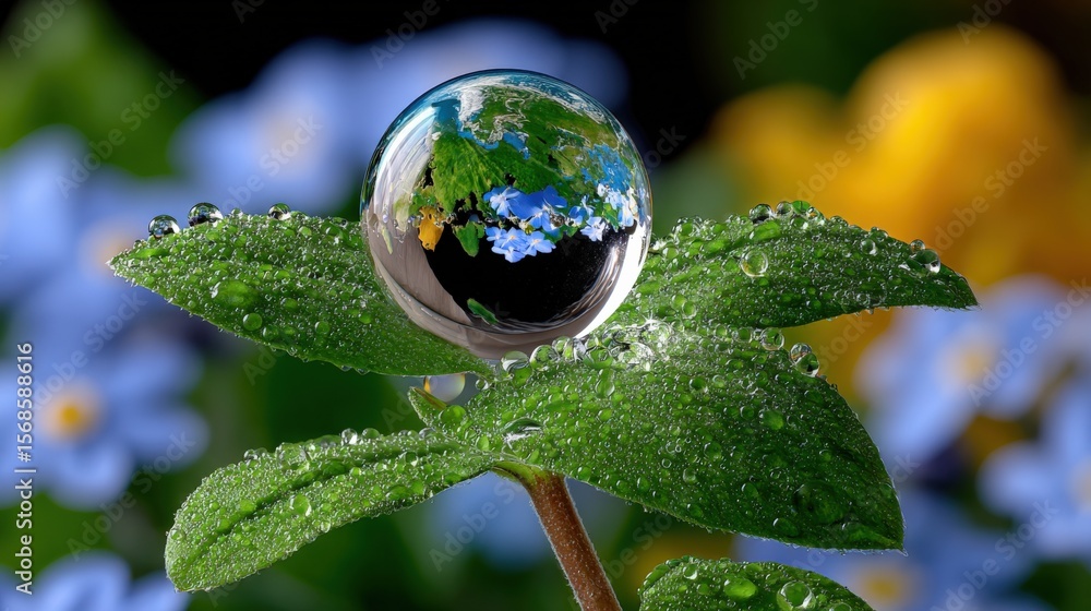 Poster close-up of a water droplet resting on a green leaf with tiny water droplets and a background of col
