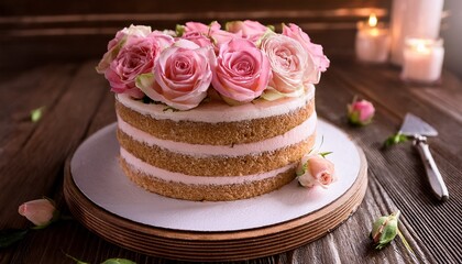 sweet cake featuring layers adorned with delicate pink roses creating charming and inviting presentation warm tones and rustic background enhance overall appeal