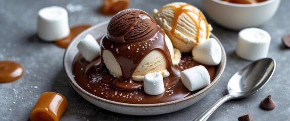 Chocolate caramel with ice cream and marshmallow on a plate with empty space for text
