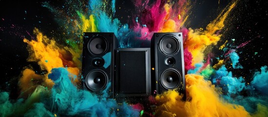 Spectacular sound system amidst vibrant colored powder explosions