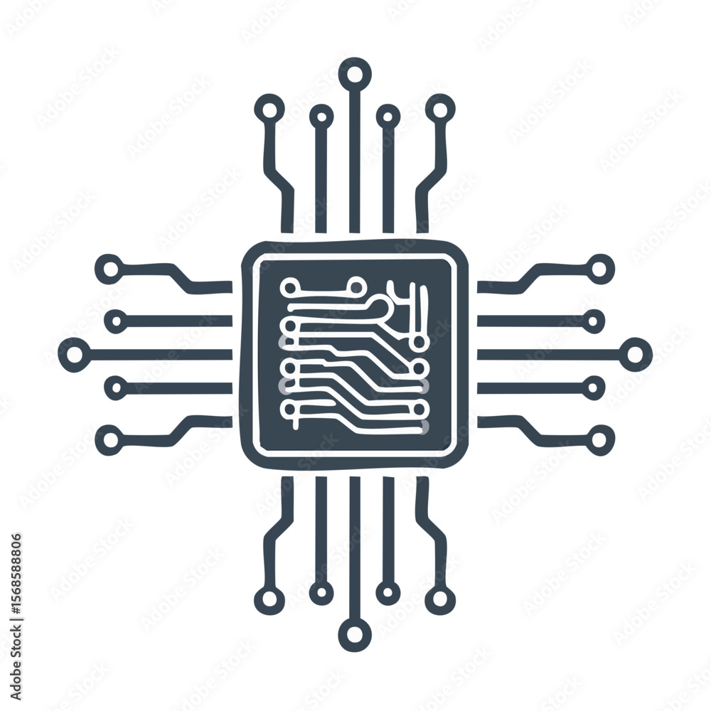 Poster isolated microchip illustration on black background tech circuitry connection digital blueprint