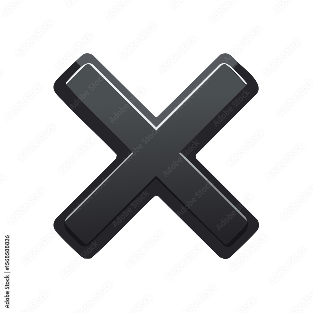 Poster elegant gray cross icon with subtle glossy edge on black background for negative concepts